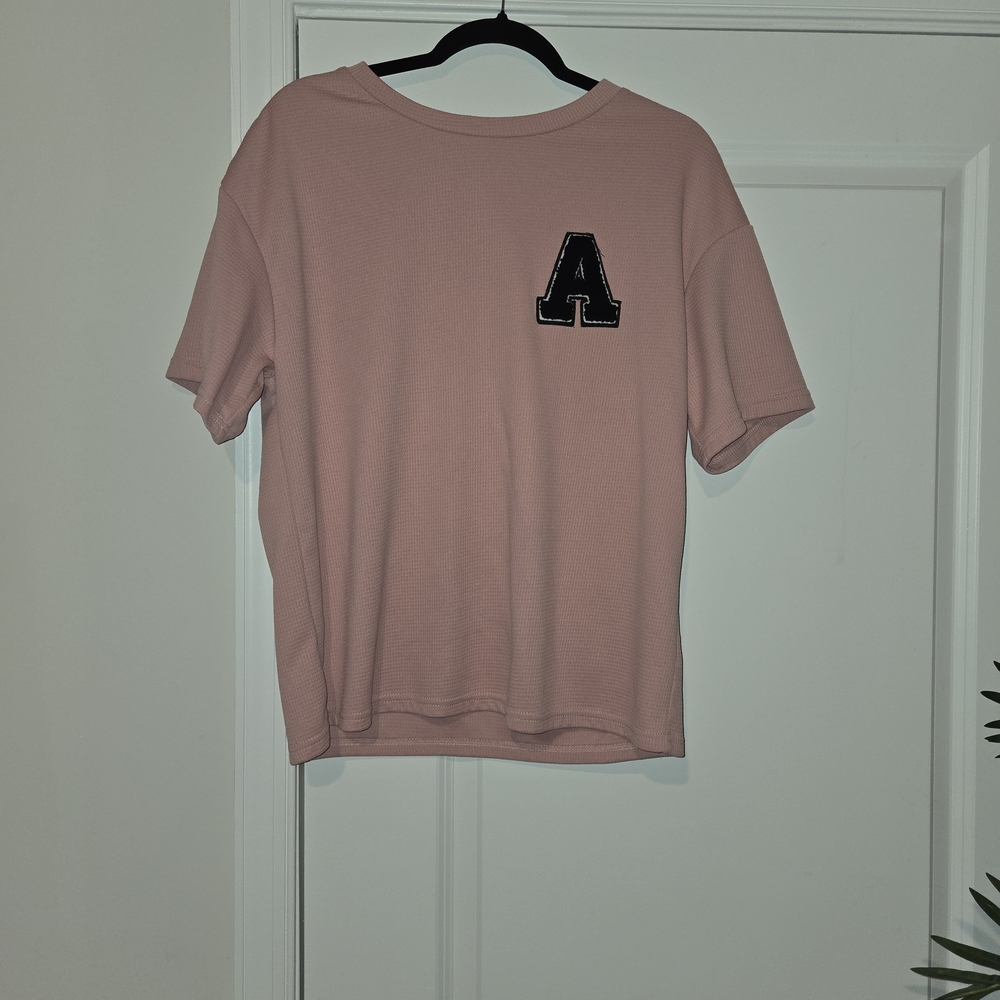 SHEIN Pink T-Shirt with Black Letter Patch